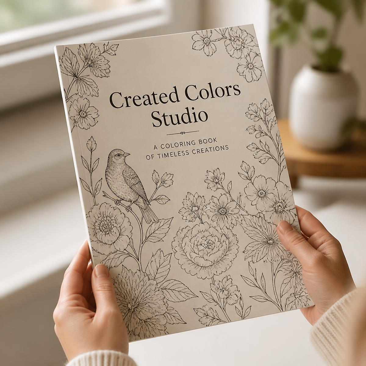 A saddle-stitched Created Colors Studio coloring book held in hands